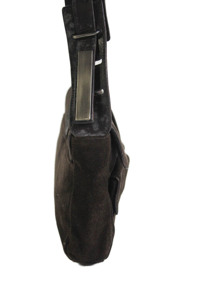 Yves Saint Laurent Womens Suede Button Closure Shoulder Handbag Dark Brown