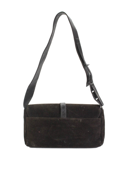 Yves Saint Laurent Womens Suede Button Closure Shoulder Handbag Dark Brown