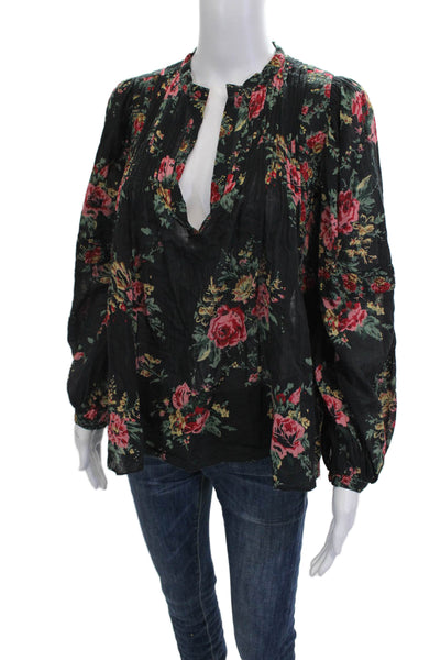 Sundays Women Bohemian Floral Black Cotton Long Sleeve Blouse Size 0
