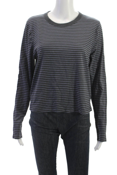 Lululemon Women Dark Gray Striped Crew Neck Long Sleeve Basic T-Shirt Size 10