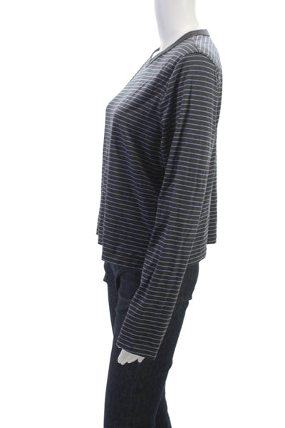 Lululemon Women Dark Gray Striped Crew Neck Long Sleeve Basic T-Shirt Size 10