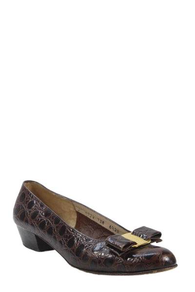 Salvatore Ferragamo Womens Block Heel Logo Bow Leather Pumps Brown Size 6.5AA