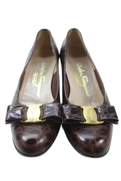Salvatore Ferragamo Womens Block Heel Logo Bow Leather Pumps Brown Size 6.5AA