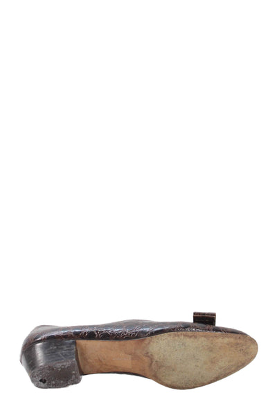 Salvatore Ferragamo Womens Block Heel Logo Bow Leather Pumps Brown Size 6.5AA