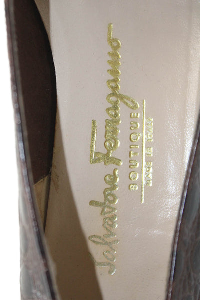 Salvatore Ferragamo Womens Block Heel Logo Bow Leather Pumps Brown Size 6.5AA