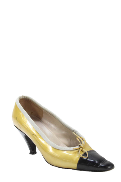 Chanel Womens Slip On Block Heel Cap Toe Pumps Yellow Black Size 36