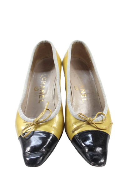 Chanel Womens Slip On Block Heel Cap Toe Pumps Yellow Black Size 36
