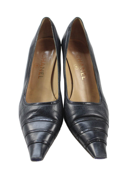Chanel Womens Stiletto Pointed Square Toe Leather Pumps Navy Blue Size 36.5
