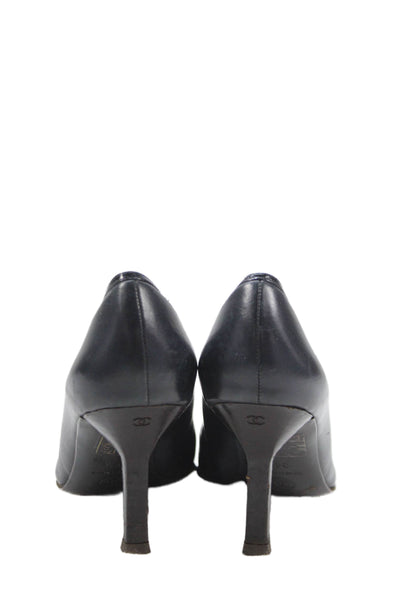 Chanel Womens Stiletto Pointed Square Toe Leather Pumps Navy Blue Size 36.5