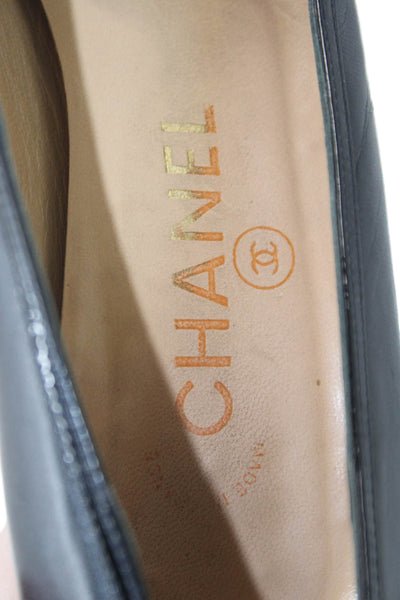 Chanel Womens Stiletto Pointed Square Toe Leather Pumps Navy Blue Size 36.5