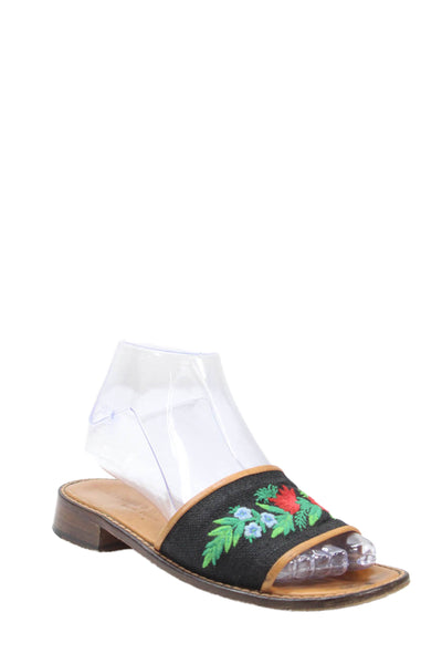 Stubbs & Wootton Womens Block Heel Floral Embroidered Slide Sandals Black 5.5