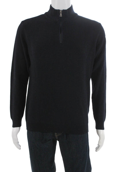 Brax Feel Good Mens Pullover Sweater Black Merino Cotton Mock Neck Zip Size L