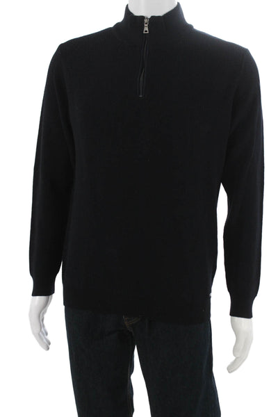 Brax Feel Good Mens Pullover Sweater Black Merino Cotton Mock Neck Zip Size L