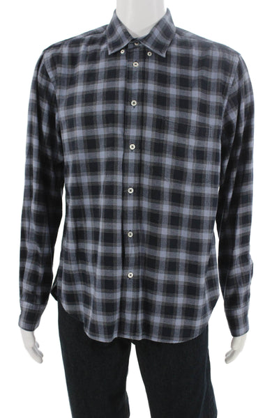Billy Reid Mens Cotton Plaid Collared Long Sleeve Button-Down Shirt Blue Size L