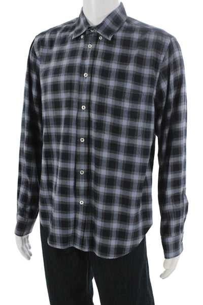 Billy Reid Mens Cotton Plaid Collared Long Sleeve Button-Down Shirt Blue Size L