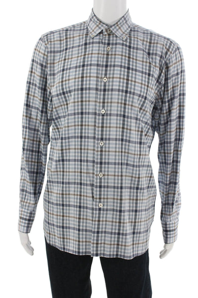 Calder Mens Cotton Plaid Button-Down Long Sleeve Shirt Blue Size L
