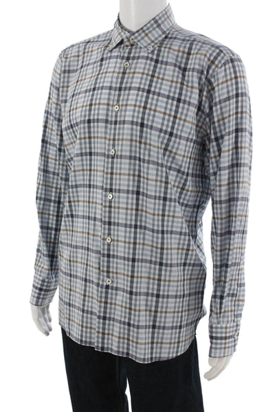 Calder Mens Cotton Plaid Button-Down Long Sleeve Shirt Blue Size L