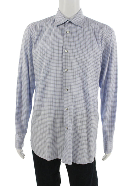 Calder Mens Cotton Striped Collared Long Sleeve Button-Down Shirt Blue Size L
