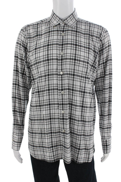 Calder Mens Cotton Plaid Collared Long Sleeve Button-Down Shirt White Size L