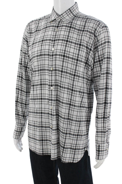 Calder Mens Cotton Plaid Collared Long Sleeve Button-Down Shirt White Size L