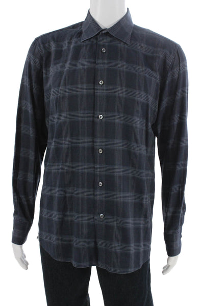Calder Mens Cotton Plaid Long Sleeve Collared Button-Down Shirt Blue Size L
