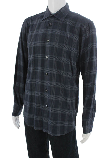 Calder Mens Cotton Plaid Long Sleeve Collared Button-Down Shirt Blue Size L