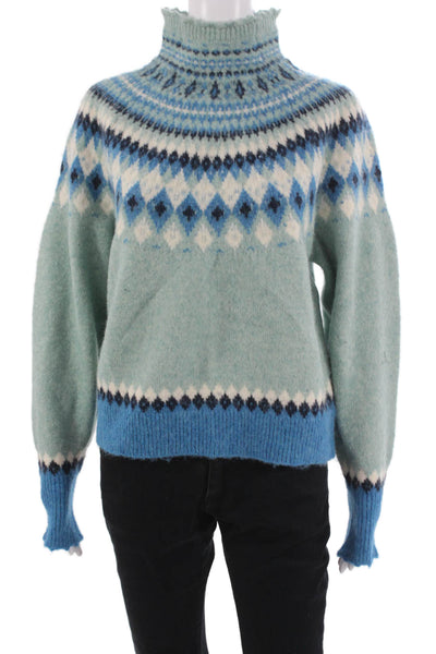 One Collective Unisex Light Blue Fair Isle Mock Neck Pullover Size XS