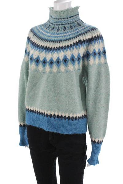One Collective Unisex Light Blue Fair Isle Mock Neck Pullover Size XS