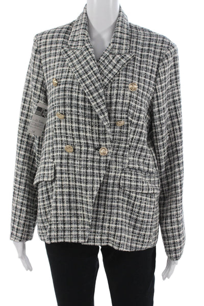 Bishop and Young Womens Black Checked Collared Blazer Button Long Sleeve Size L