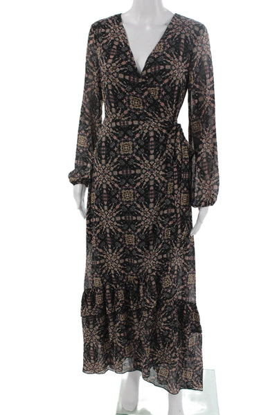 Molly Bracken Women Black Maxi Wrap Dress Long Sleeve V Neck Geometric Size XS
