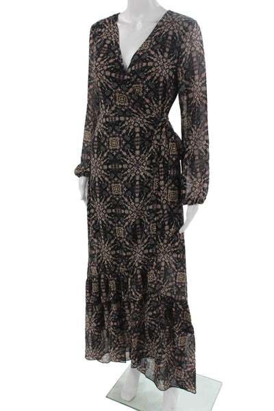Molly Bracken Women Black Maxi Wrap Dress Long Sleeve V Neck Geometric Size XS