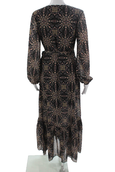 Molly Bracken Women Black Maxi Wrap Dress Long Sleeve V Neck Geometric Size XS