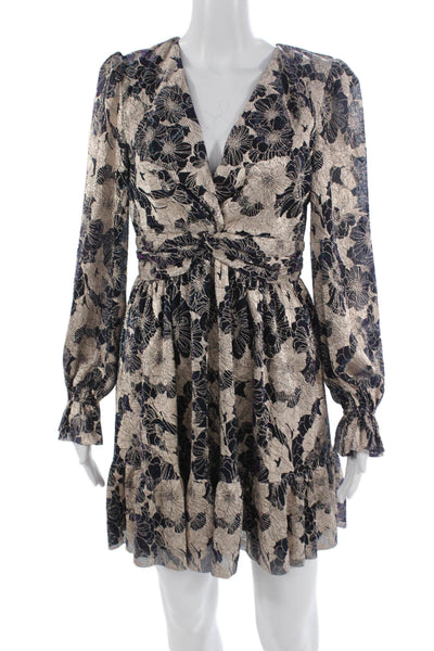 Fate. Womens Fit & Flare Dress Beige VNeck Longsleeve Floral Size S