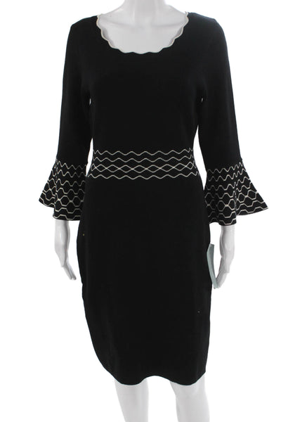 London Times Women Sweater Dress Black Geometric Long Sleeve Knee-Length Size M