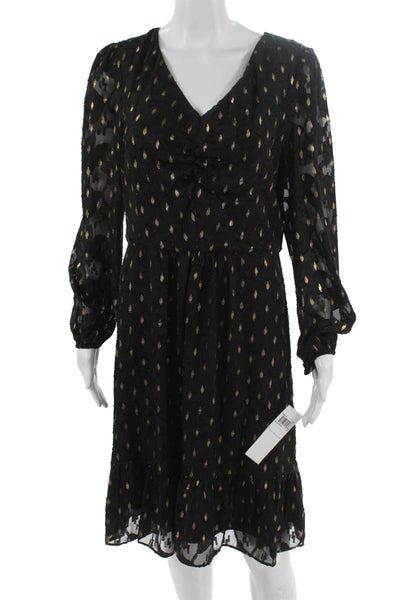 London Times Womens Fit & Flare Dress Black V-Neck Long Sleeve Size 8