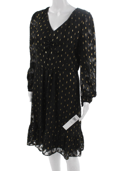 London Times Womens Fit & Flare Dress Black V-Neck Long Sleeve Size 8