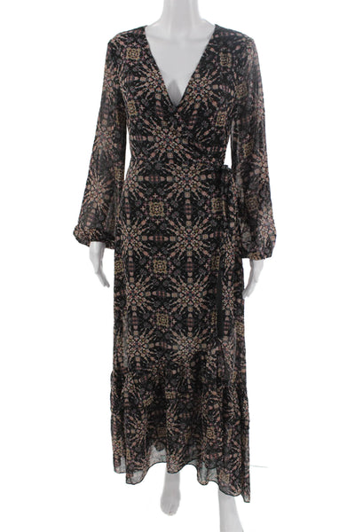 Molly Bracken Women Black Maxi Wrap Dress V-Neck Long Sleeve Geometric Size S