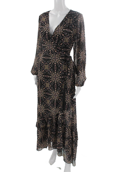 Molly Bracken Women Black Maxi Wrap Dress V-Neck Long Sleeve Geometric Size S