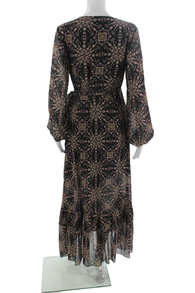 Molly Bracken Women Black Maxi Wrap Dress V-Neck Long Sleeve Geometric Size S