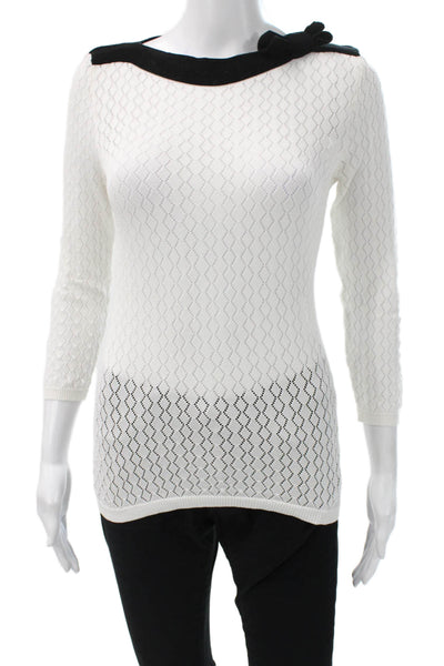 RED Valentino Womens Pullover Sweater White Argyle Tie Neck 3/4 Sleeve Size S