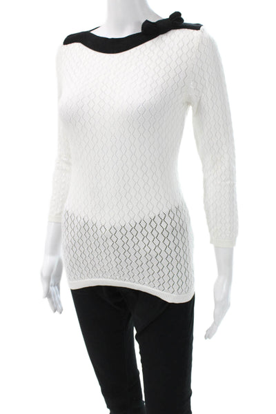 RED Valentino Womens Pullover Sweater White Argyle Tie Neck 3/4 Sleeve Size S