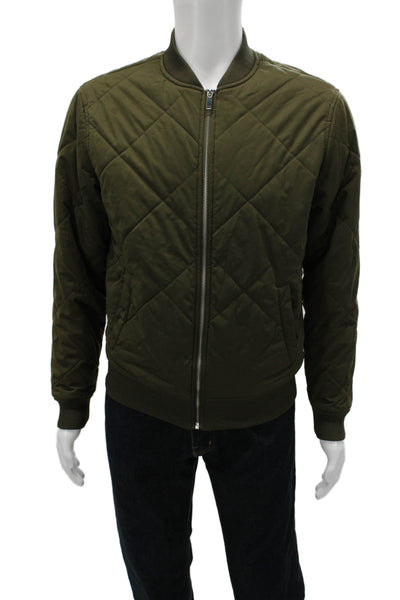 Zara Man Mens Quilted Bomber Jacket Green Argyle Zip High Neck Army Size M