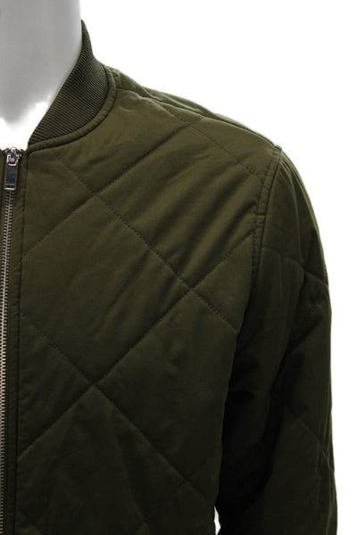 Zara Man Mens Quilted Bomber Jacket Green Argyle Zip High Neck Army Size M