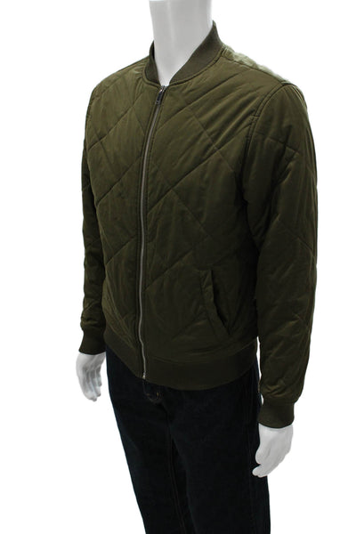 Zara Man Mens Quilted Bomber Jacket Green Argyle Zip High Neck Army Size M