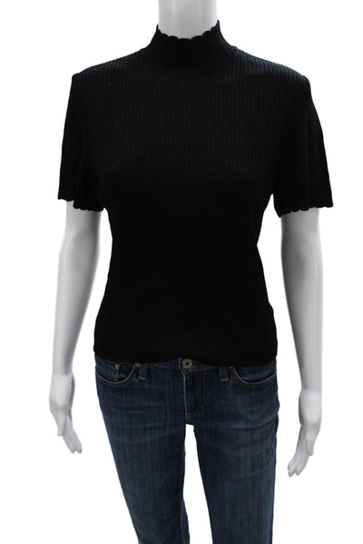 St. John Basics Womens Black Wool Rayon Mock Neck Zip Short Sleeve Top Size PP