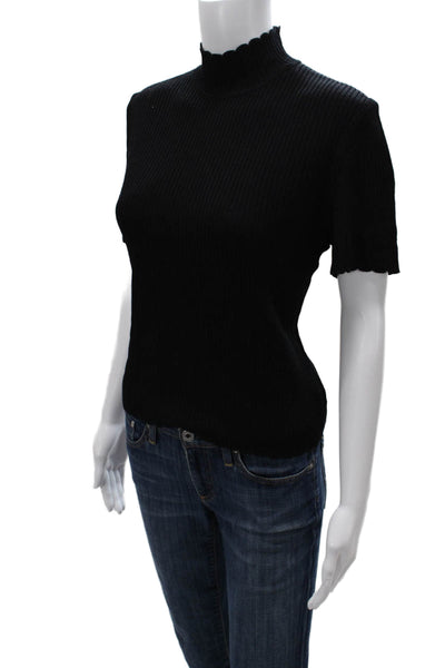 St. John Basics Womens Black Wool Rayon Mock Neck Zip Short Sleeve Top Size PP