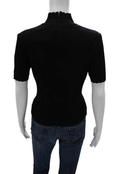 St. John Basics Womens Black Wool Rayon Mock Neck Zip Short Sleeve Top Size PP