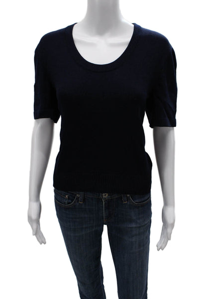 St. John Basics Women Dark Blue Wool Round Neck Short Sleeve T-Shirt Size M
