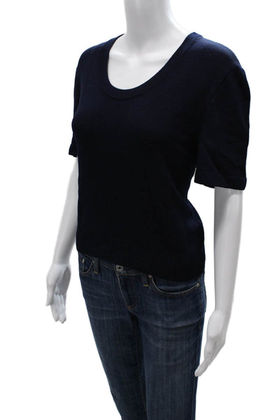 St. John Basics Women Dark Blue Wool Round Neck Short Sleeve T-Shirt Size M