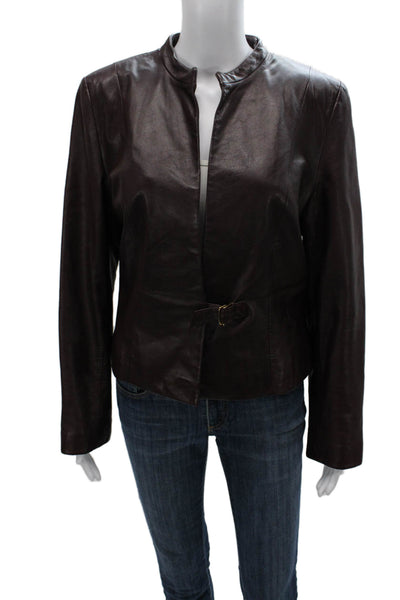 Siena Studio Womens Brown Leather Buckle Jacket Mock Neck Long Sleeve Size 10